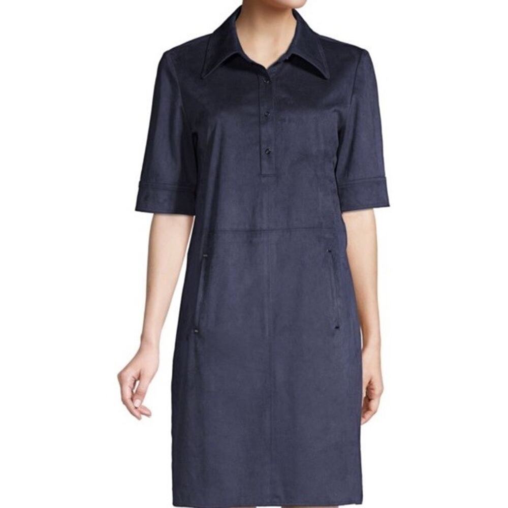 Elie Tahari Vegan Suede Popover Navy Shirt Dress‎ Size 4 Womens Soft